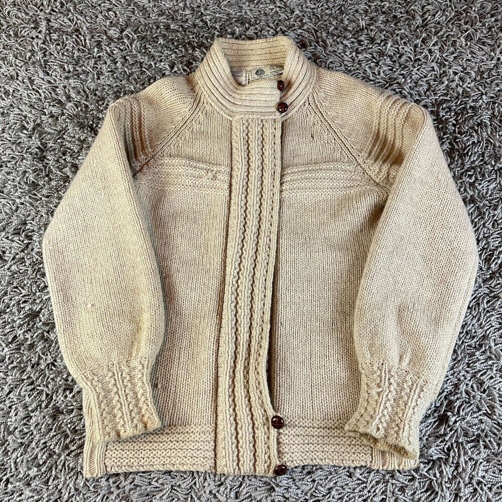 Vintage Cable Knit Cardigan Sweater Mens Womens Medium M Beige Pure Wool 70s 80s